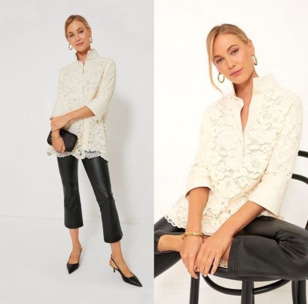 Tuckernuck Willow Lace Blouse Ivory Cream Size M Scalloped Hem 3/4 Sleeve